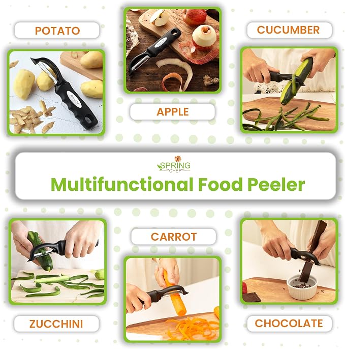 Spring Chef Stainless Steel Premium Vegetable Peeler with Potato Masher, Soft Grip Handle Metal Food Peeler and Masher for Fruit & Vegetables
