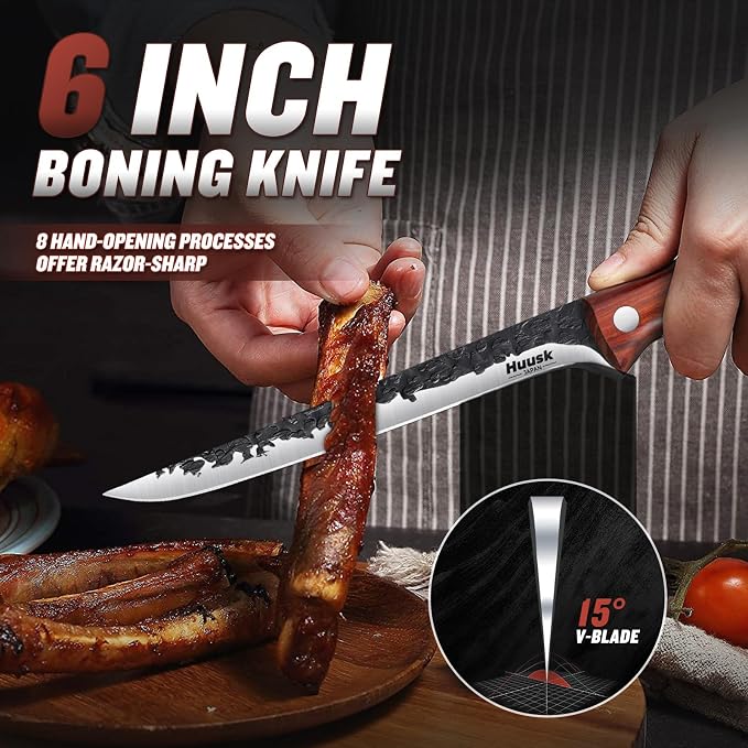 Huusk Boning Knife 6 Inch,Fillet Knife for Meat,Brisket Trimming Knife,Deboning Knife with Sheath,Japan Hand Forged Boning Knives For Kitchen Outdoor Camping Gift for Dad