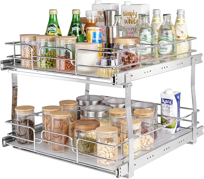 VEVOR 2 Tier 20"Wx21.2"Dx15.2"HPull Out Cabinet Organizer, Heavy Duty Slide Out Pantry Shelves, Steel Roll Out Drawers, Sliding Drawer Storage for Home, 21.5"Wx22.5"Dx19"H Install Size for Cabinet
