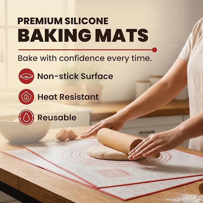 Silicone Baking Mats - Non-Stick Pastry Mat, Half Sheet Size, Pack of 4 | Non-Stick Pastry and Dough Mat with Measurement Guides, Silicone Mat and Baking Essentials, Half Sheet Pack of 4 (11"x16")