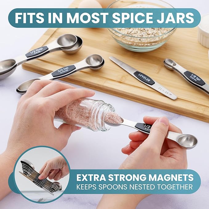 Zulay Kitchen Stackable Magnetic Spoons Set of 8 - Dual Sided Magnetic Measuring Spoons Set Fits In Spice Jars - Stainless Steel Measuring Spoons Magnetic For Dry and Liquid Ingredients (Black)