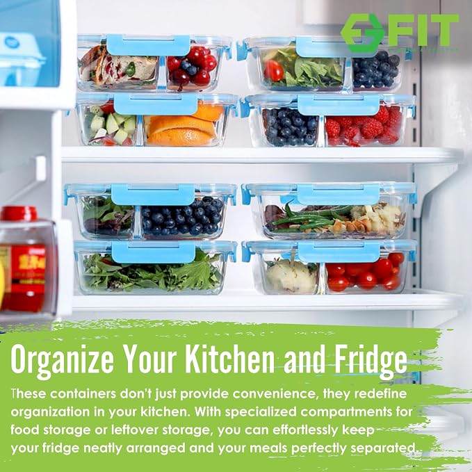 Glass Meal Prep Containers 3 Compartment, 3 Pack 32 oz Leakproof Lids Blue | Glass Bento Box for Portion Control, Airtight Snap-Lock, BPA-Free, Microwave Oven Freezer Dishwasher Safe Lunch Containers