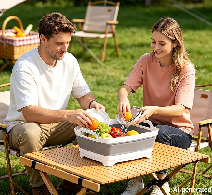 Collapsible Dish Pans for Washing Dishes 9L Portable Wash Dish Basin Foldable Laundry Tub with Drain Plug for Kitchen Sink Camping RV Accessories