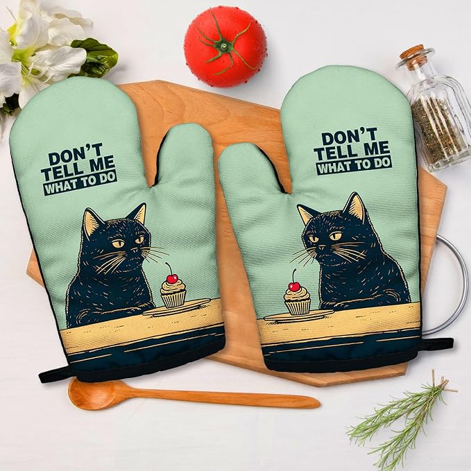 Don't Tell Me What to do, Funny Silicone Non-Slip Oven Mitts Sets of 2, Retro Baking Mitts, Bake Lover Gift, Cat Lover Gift, Kitchen Gift for Cat Owner