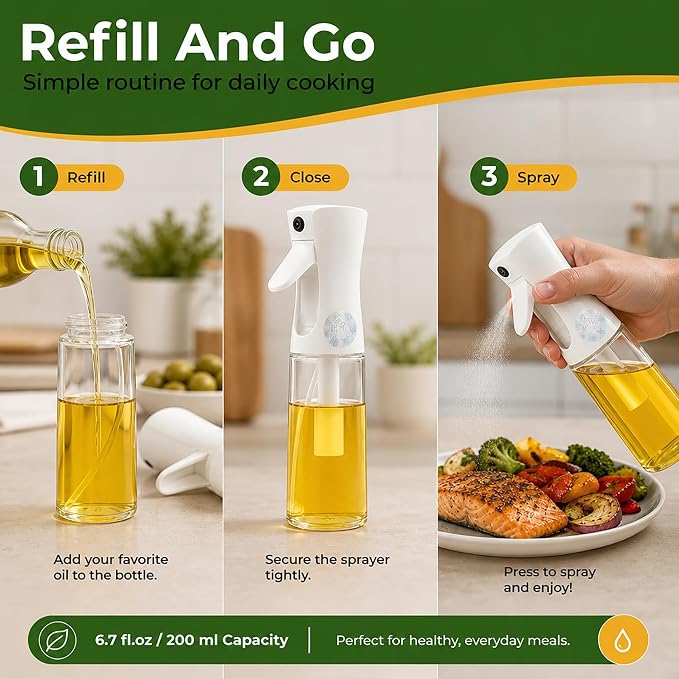 Oilve Oil Sprayer for Cooking - Glass Bottle Spray - 6.7 fl.oz | Fine Mist Mister for Air Fryer, Salad & BBQ Refillable Oil Dispenser for Healthy Meal Prep & Kitchen Organization