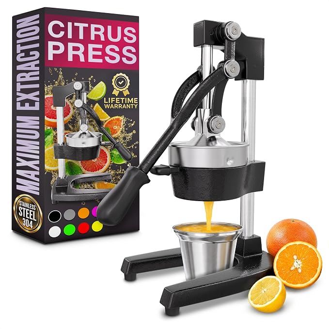 Cast Iron Manual Juicer, Heavy-Duty Squeezer – One Pull Extracts Full Juice with No Electricity – Manual Citrus Press Juicer & Orange Squeezer for Lemon, Lime, and Lemonade at Home or Bar (Black)