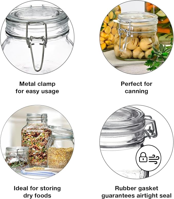 Bormioli Rocco Fido Glass Jar - 25.25 oz Airtight Storage Container with Clamp Lid & Rubber Seal, BPA-Free Dishwasher Safe - Italian Jar for Gifting Homemade Preserves, Cookies, Candy & Pantry Storage
