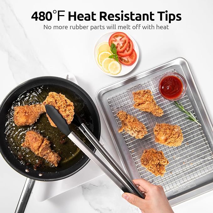 Heat Resistant Silicone Kitchen Tong: U-Taste 16 inch Extra Long Large 480ºF Hot Proof Cooking Tong with Sturdy Non Stick Rubber Tips & Non Slip Silicon Coated Steel Handle for Grilling BBQ (Black)
