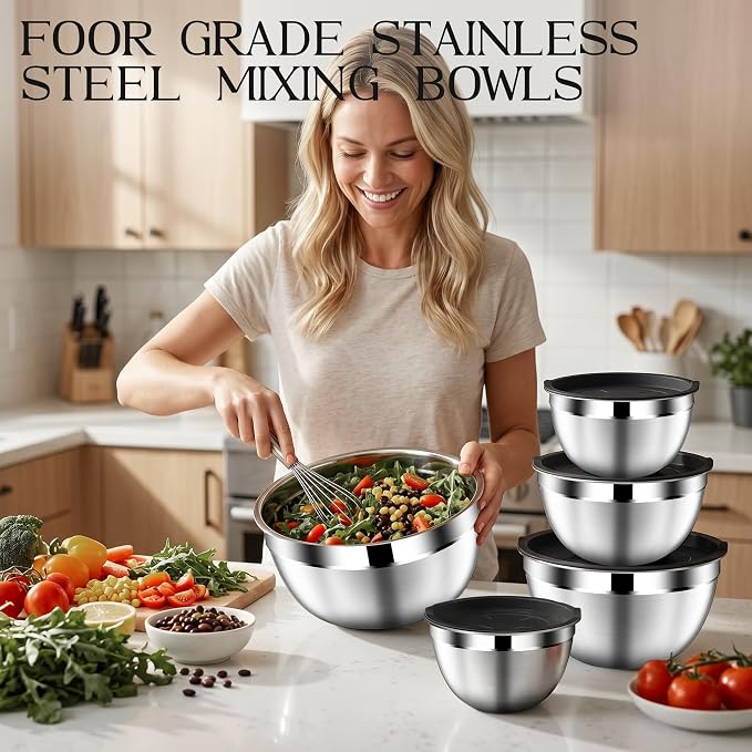 DUTZUN Stainless Steel Mixing Bowls with Airtight Lids Set of 5, Black | Kitchen Appliances Essential Gifts for Mixing, Baking, Prep, Salads, Serving, Cooking