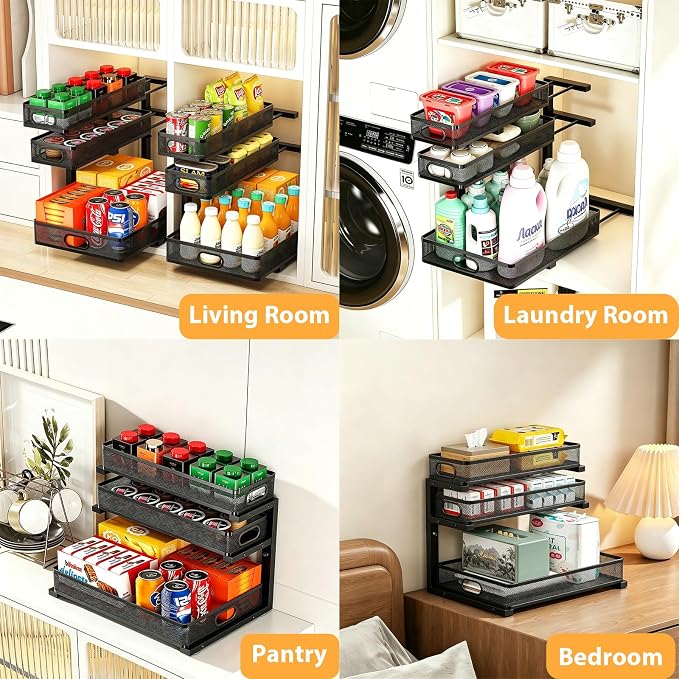 2 Pack Bathroom Under Sink Organizer, 3-Tier Pull Out Kitchen Cabinet Organizer with 5 Adjustable Heights Metal Slide Out Storage Makeup Drawer Rack for Bedroom Office Pantry Home Organization, Black
