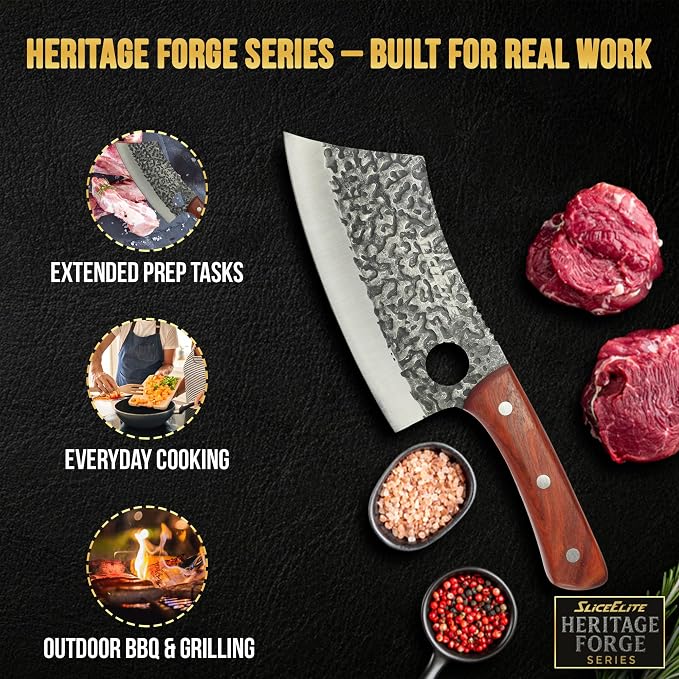 Meat Cleaver Forged Butcher Knife Meat Cutting Knife Kitchen Knives BBQ | Chopping, Slicing, Kitchen, Grilling, Outdoor Cooking, Food Prep, Hammered Pattern Forged Steel, Full Tang, Sandalwood Handle