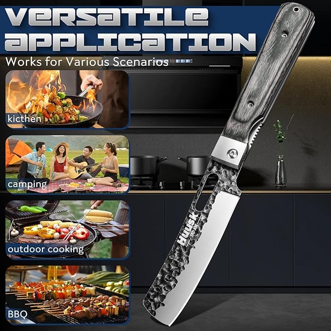 Huusk Japanese Folding Nakiri Knife - Pocket Vegetable Knife with Hand Forged Blade - Portable Kitchen Knives for BBQ, Camping and Travel - Gift for Men and Women