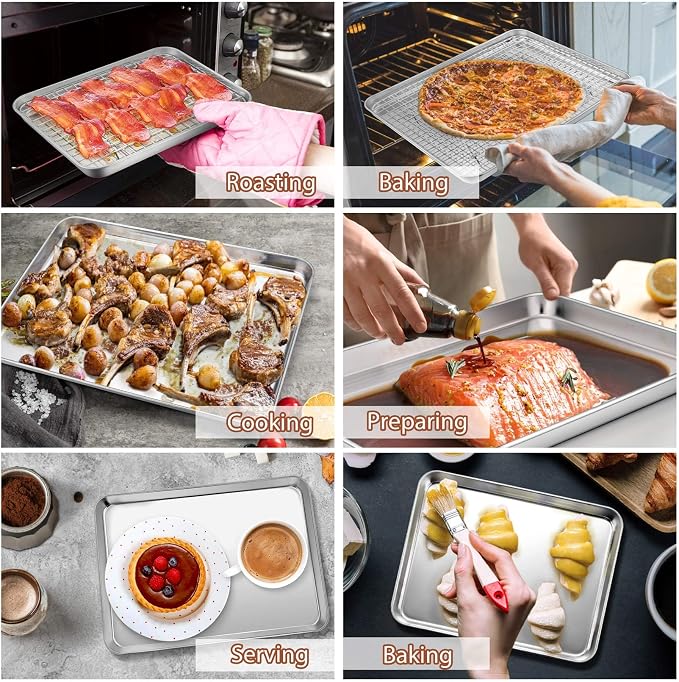 P&P CHEF 16 + 10.4 Inch Baking Sheet Pan and Cooking Rack - 4 Pieces | 2x Cookie Sheet + 2x Grid Rack, Stainless Steel Oven Tray with Wire Rack for Oven Baking, Healthy & Sturdy & Easy to Clean