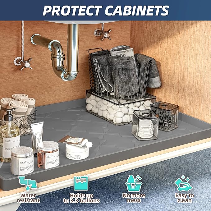 Waterproof Under Sink Mat 19" x 19" Silicone Mat Cabinet Protector | Heavy Duty Kitchen Cabinet Liner, Easy Press Drain, Home Essentials for Pet Feeding, Boots, Bathroom, Organizers & Storage