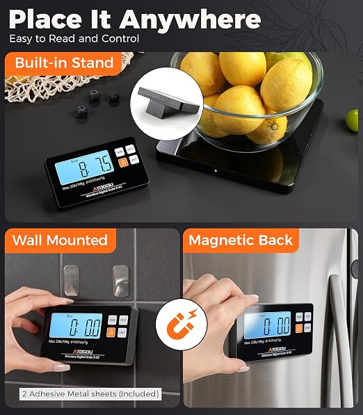 Atogou Wireless Kitchen Scale, 22lb/10kg Food Scale with Detachable Display | 0.01oz/1g Precision, Larger Platform, 9 Units, Counting Function, Stainless Steel, for Cooking, Baking, Shipping, Black