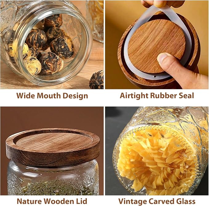 24 OZ Vintage Glass Jar with Lid, Airtight Food Storage Canisters with Bamboo for Kitchen Counter Pantry, Ideal for Coffee, Candy, Tea, Oats, Sugar, Cookies Decorative Jars-Sunflower