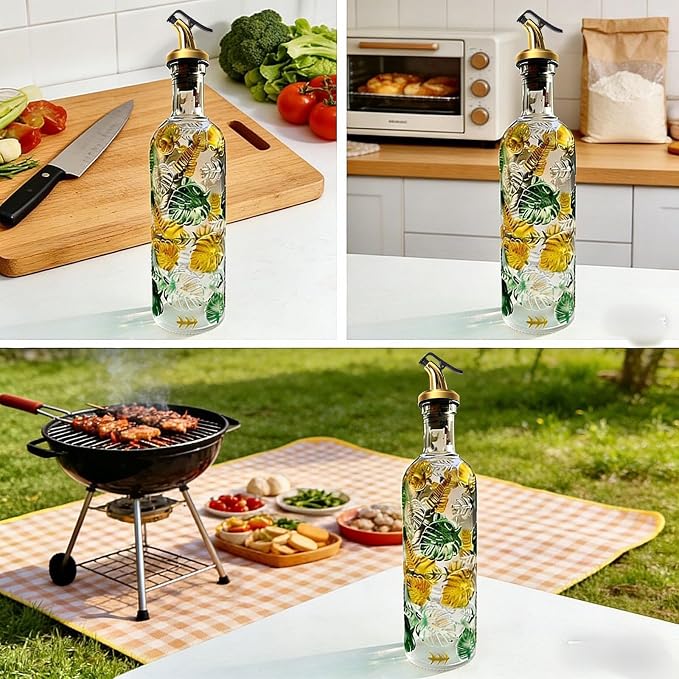 1 Pcs Olive Oil Dispenser Bottle for Kitchen,17oz Clear Glass Cooking Oil and Vinegar Dispenser Set, Coffee Syrup Dispenser with 1 Pourers and 1 Funnel (One colorful circle)