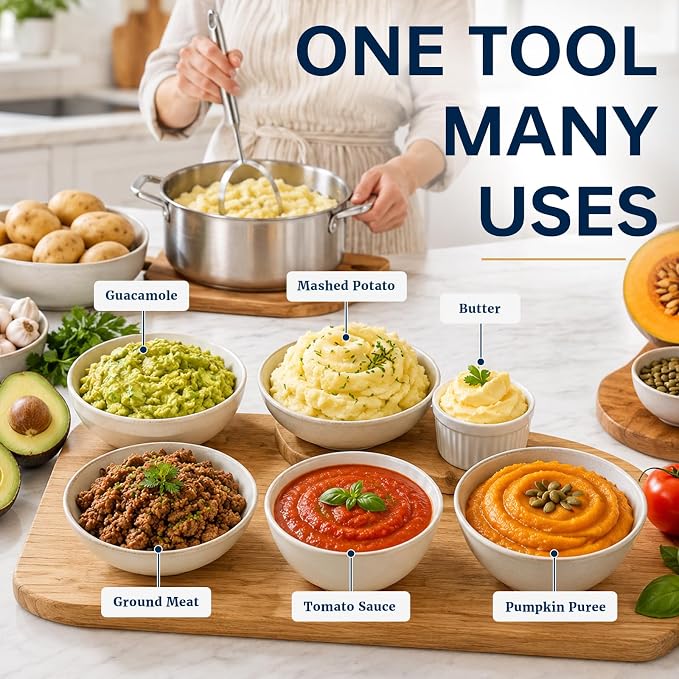 304 Stainless Steel Potato Masher – Heavy-Duty [Rustproof, Heat Resistance, Integral Forming] Dishwasher Safe Masher for Smooth & Fluffy Mashed Potatoes, Avocados – Sturdy, Durable Design