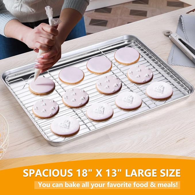 Homikit Half Baking Sheet with Wire Cooling Rack (1 Pan+1 Rack), Nonstick | 18x13 Inch Stainless Steel Cookie Sheets for Baking, Large Baking Pan with Grid Set, Metal Bacon Tray, Oven & Dishwasher Safe