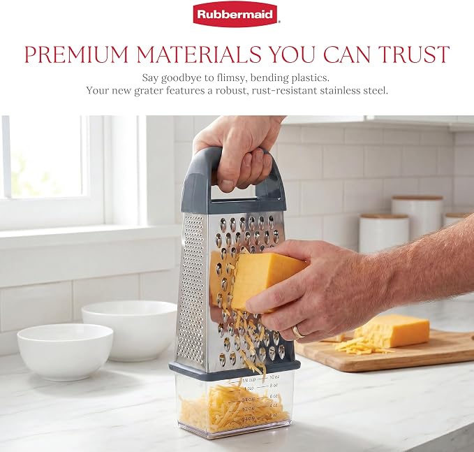 Rubbermaid EZ Grip Box Grater, Stainless Steel Cheese Grater & Container - BPA Free Multi-Surface Cheese Shredder & Food Grater Silver Blue | Graters for Kitchen -Non-Slip Base, Dishwasher Safe