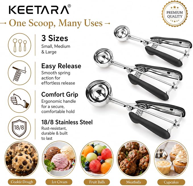 Cookie Scoop Set, Cookie Scoops for Baking Set of 3, Cookie Dough Scoop, Small/Large Ice Cream Scoop, 1/2/3 Tbsp Cookie Scoop with Trigger, Ice Cream Scooper, 18/8 Stainless Steel, Non-Slip