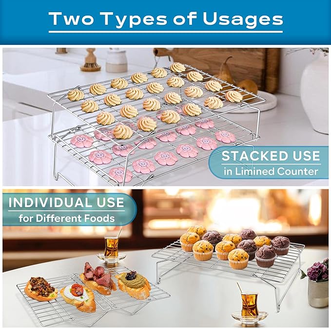Leonyo 2-Tier 15x10IN Stackable Cooling Racks for Cooking Baking | Stainless Steel Wire Cooking Racks, Collapsible Cookies Cooling Racks for Pizza with Raised Legs, Dishwasher Safe