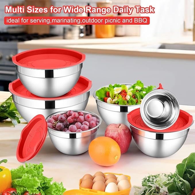 LIANYU Mixing Bowls with Lids Sets of 6, Large 7, 3.5, 2.5, 2, 1.5, 1QT | Stainless Steel Metal Nesting Salad Bowl, Ideal for Kitchen Prepping, Cooking, Freezer Storage, Dishwasher Safe, Red
