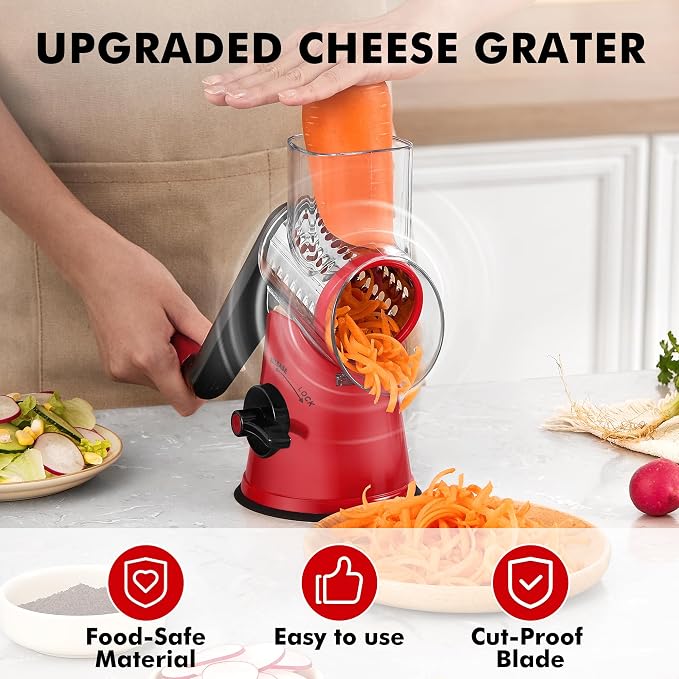 GDL Cheese Grater Hand Crank - Upgraded 6-in-1 Cheese Grater with Handle and Strong Suction Base, Multi-purpose Cheese Shredder Vegetable Slicer Ice Shaver for Potato, Vegetables, Nuts, Chocolate