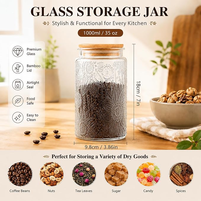 Glass Storage Jars with Airtight Bamboo Lid, 35 FL oz - Decorative Food Canisters for Kitchen Counter, Ideal for Sugar, Coffee, Tea, Candy, Cookies (35oz Large Sunflower)