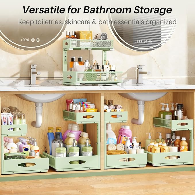 Under Sink Organizer, 1-Pack Pull Out Cabinet Organizer 2 Tier Metal Slide Out Storage Shelf Rack, L-Shaped Adjustable Height,Mesh Sliding Drawer for Kitchen, Bathroom, Laundry, Pantry, Green, XL