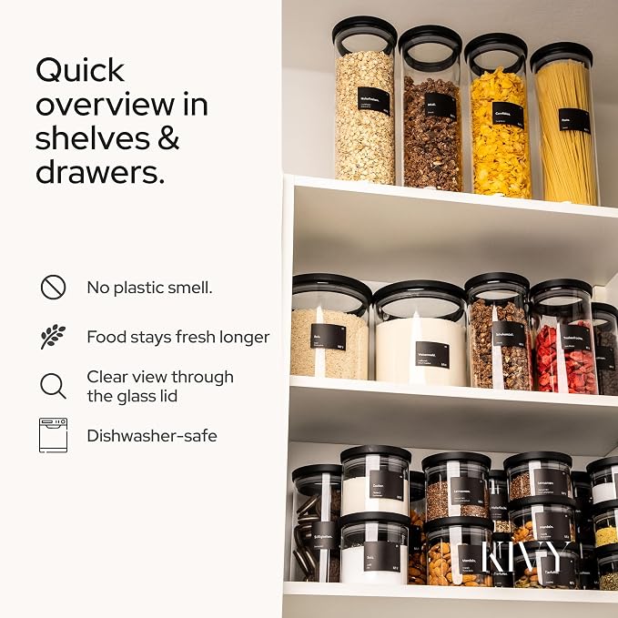 KIVY Glass spice jars transparent Glass Lid [6x 12oz] Stackable & Airtight small glass jars - Spice containers - Seasoning jars tea - Spice storage containers - Spice jars with black lids & labels