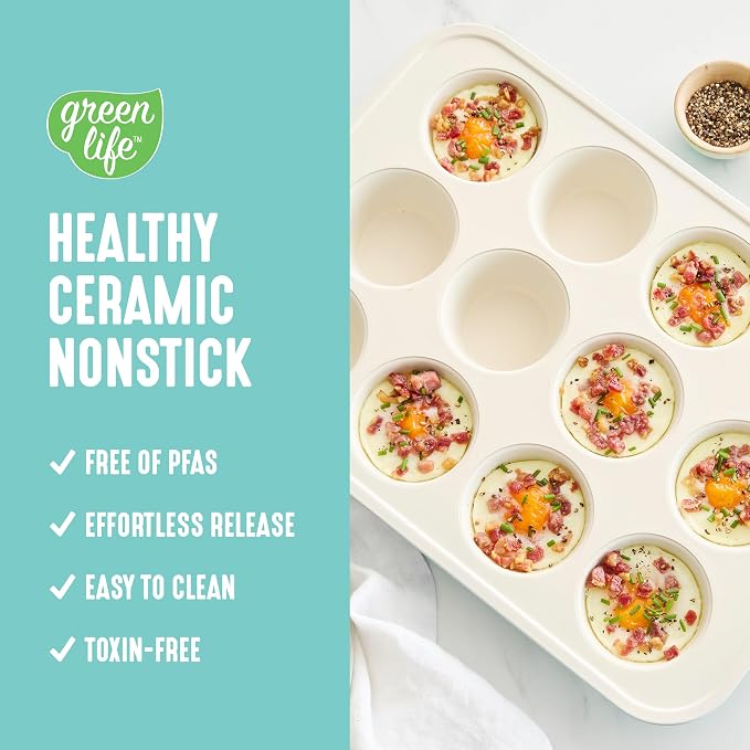 GreenLife 12-Cup Muffin Pan,PFAS-Free Healthy Nonstick Baking Tray,11.4" x 1.9" x 15.9",Durable Ceramic Bakeware,Cupcakes,Egg Bites,Tarts,Brownies,Turquoise,(Pack of 6)