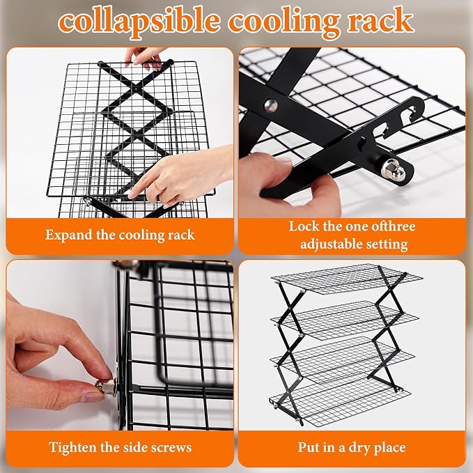 4 Tier Collapsible Cooling Rack，3 Setting Design, Adjustable ＆ Stackable Baking Rack, for Baking, Cookies, Bread, Gifts for Baking Must Haves