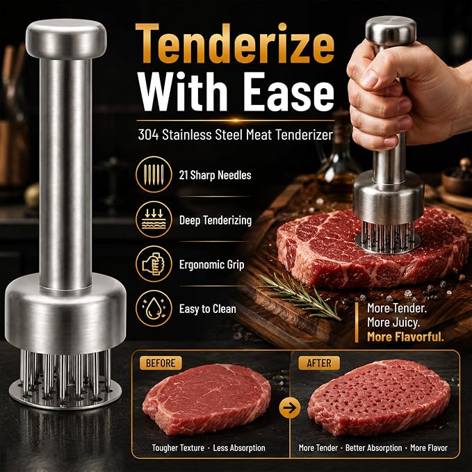 Meat Tenderizer Tool, Stainless Steel Needle Meat Tenderizer with 21 Needles, Kitchen Tenderizing Tool for Steak, Chicken, Pork, Beef, Dishwasher Safe