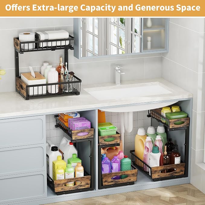 2 Pack Metal Under Sink Organizer with Sliding Drawer, Black | Anti-rust Carbon Steel, L-Shaped, Adjustable Height, Pull-out, Stable 80lb Load-bearing Capacity for Kitchen,Bathroom, Pantry