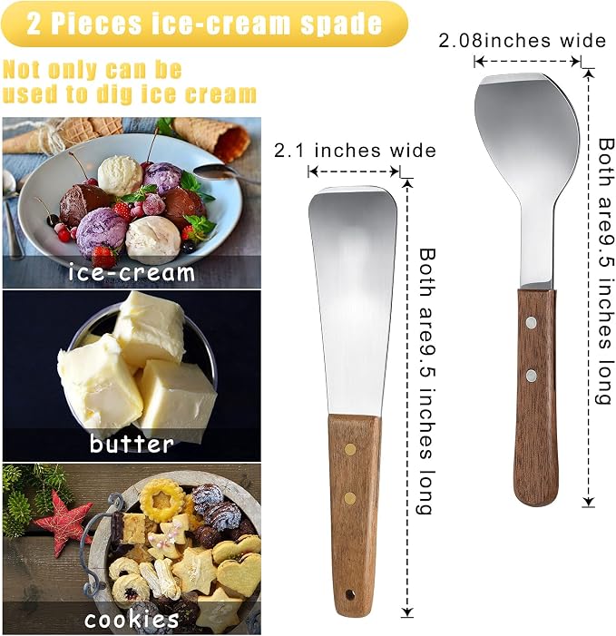 Patelai 2 Pcs Ice Cream Scoop Stainless Steel Ice Cream Shovel with Wooden Handle Dessert Spade Butter Cutter Flat Metal Spade for Dining Kitchen Utensil Home Commercial