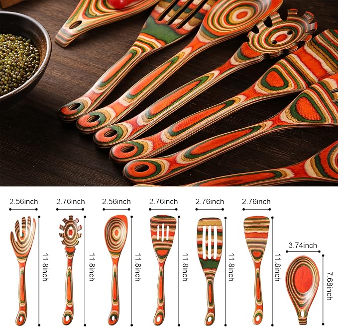 7Pcs Pakkawood Kitchen Utensils Set for Cooking, Wooden Spoons for Cooking, Safe Eco-Friendly, Non-Stick, Wooden Utensil for Cooking,Wooden Cookware Set, Housewarming Kitchen Gifts, Colorful
