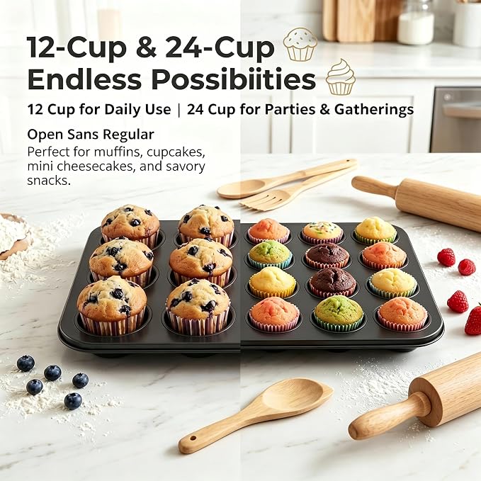 E-far Muffin Pan Set of 2, Regular 12-Cup & Mini 24-Cup Cupcake Pan | Nonstick Carbon Steel Muffin Tins for Easy Release, 2 Sizes for Baking Muffins & Cupcakes, Warp-Free & Even Baking, Oven Safe