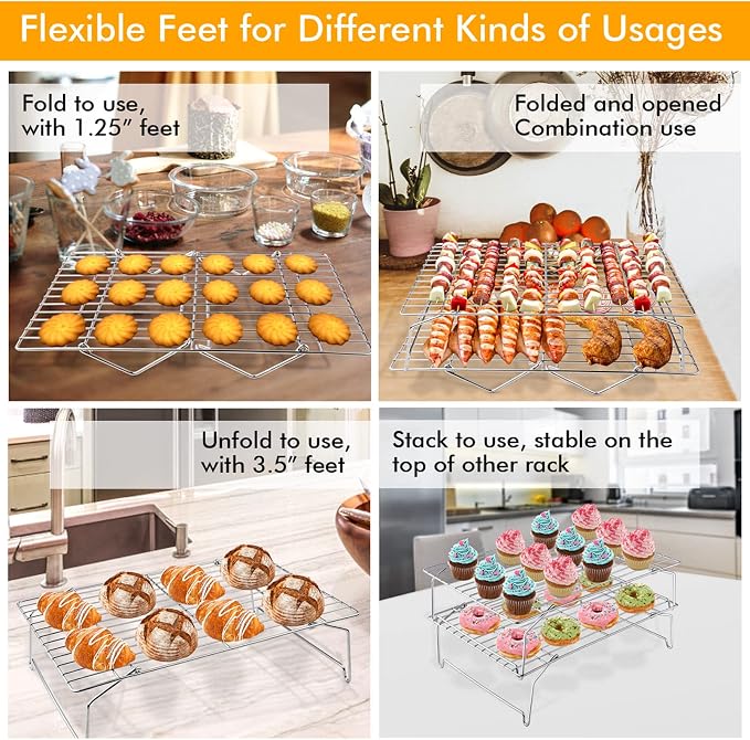 TeamFar Cooling Rack, 5-Tiers Stainless Steel Baking Cooling Wire Rack for Baking Roasting Cooking, Healthy & Firmly Weld, Stackable & Collapsible, Dishwasher Safe, 15”x10”