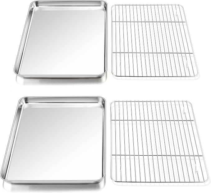 P&P CHEF 16 Inch Baking Sheet with Rack Set, Pans with Flat Racks | 2 Baking Sheets + 2 Cooling Wire Racks, Dishwasher & Oven Safe, Non-toxic & Lasting Use, Fit for Regular Oven