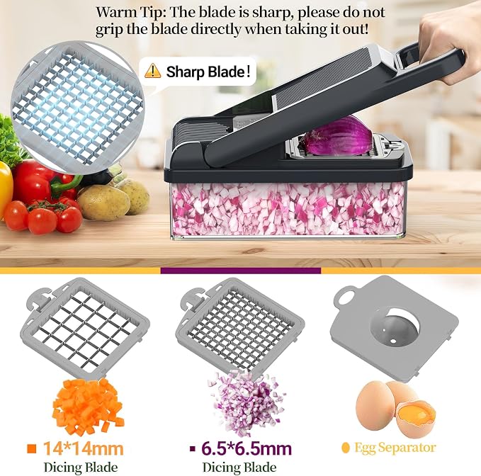 StoreHappily 12-in-1 Vegetable Chopper, 7 Blades Veggie Chopper with Container and Lid, Dicer, Slicer, Multifunctional Kitchen Gadgets, Vegetable Cutter with Handle, Onion Cutter(Grey)