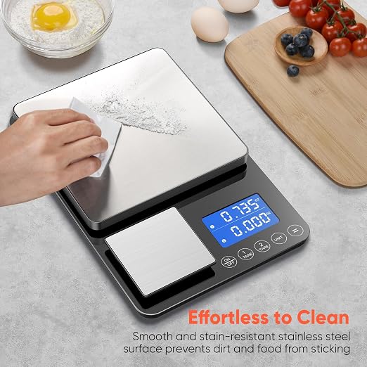 Dual Platform Digital Kitchen Scale, 33lb/15kg & 0.001oz/0.01g Precision, Two Scales in One, Coffee & Food Scale, Dual Display, Stainless Steel, Tare, g/oz/lb/ml