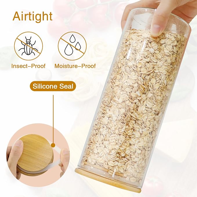 BGraceyy Glass Jars with Bamboo Lids, 58 oz 3 Pcs Kitchen Glass Containers with Bamboo Lids, Airtight Glass Pantry Storage Containers with Lids for Rice, Flour, Nuts, Cookie, Pasta, Oatmeal, Bean