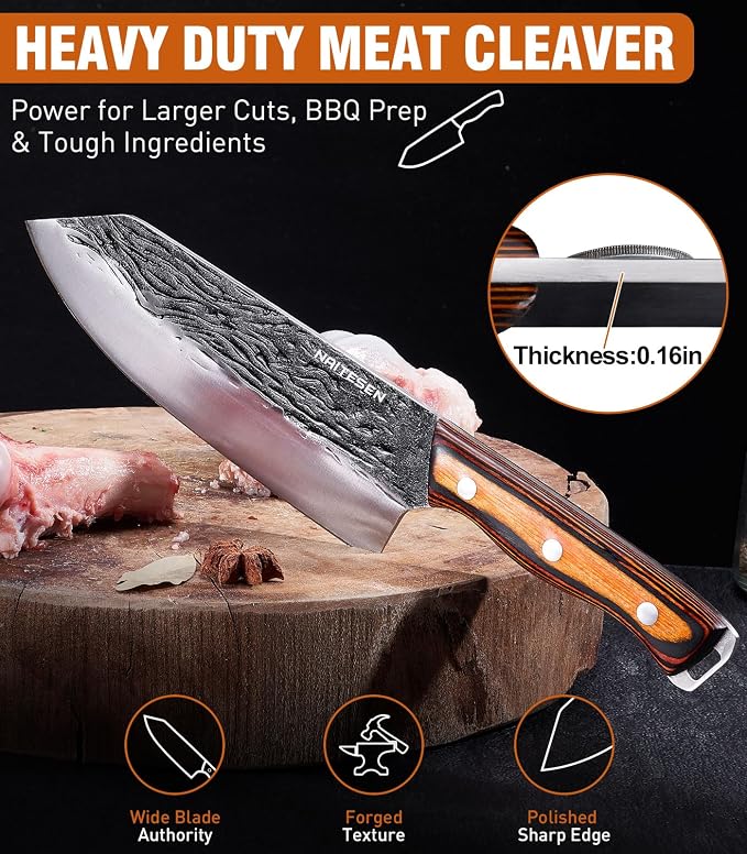 Naitesen 4PCS Hand Forged Butcher Knife and Kitchen Knife 2 in 1 Set | Gift Box Razor Sharp Heavy Duty Meat Cleaver Serbian Chef Knife Breaking Knife Boning Knife for Meat Cutting BBQ Kitchen Use