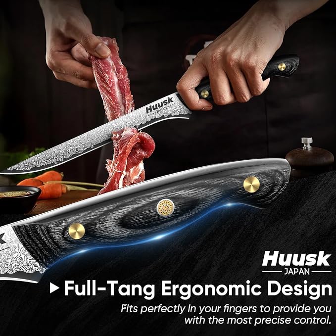 Huusk Damascus Boning Knife 8 inch, VG10 Brisket Trimming Knives for Meat Cutting, Flexible Fillet Knife, Butcher Knives, Kitchen Slicing Knives with Full Tang Handle, Christmas Gift for Men and Women