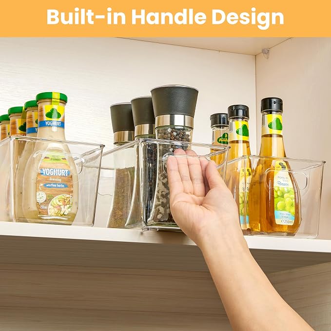 YIHONG 4 Pack Clear Storage Bins, Pantry Organizer Bins with Handle, Small | Plastic Bins, Pantry Storage Containers for Kitchen, Freezer, Cabinet, Closet, Bathroom, Under Sink Organizers and Storage