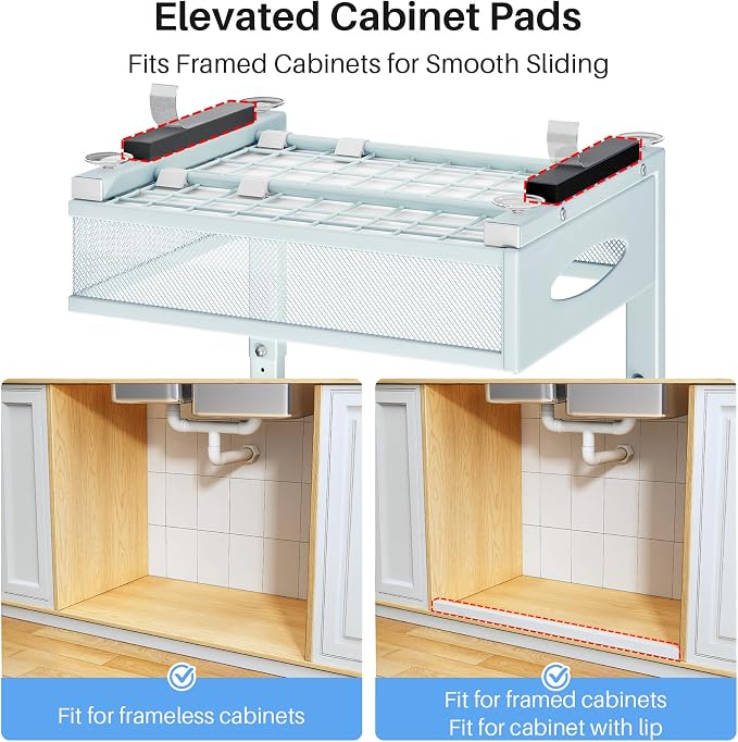 Under Sink Organizer, 2 Tier Pull Out Under Cabinet Organizer Shelf with Pad for Framed Cabinets, Metal Slide Out Under Sink Storage, Mesh Sliding Drawers for Kitchen Bathroom Laundry(Blue, 1 Pack)
