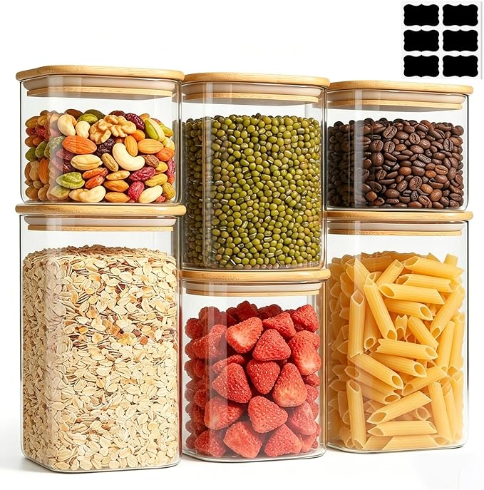 ComSaf Glass Pantry Storage Containers (0.7qt/1.2qt/1.6qt) Set of 6 Jars | Glass Storage Containers With Lids, Rectangle Glass Canisters With Airtight Lids For Kitchen, Spices, Tea, Coffee, BPA Free