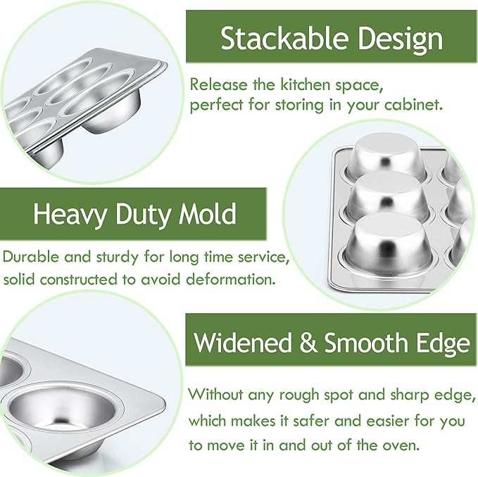 Herogo 3 Pack 12-Cup Stainless Steel Muffin Pan Tin for Making Egg Muffin Quiches, Metal Nonstick Cupcake Tray Set for Baking, Mini Brownie, Regular Size & Easy Clean, Oven & Dishwasher Safe