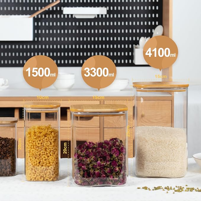 D2scrma 149oz 50oz Airtight Glass Square Storage Canister with Bamboo Lid Set of 2(4400ml*1 1500ml*1) Large Gallon Glass Jars for Sugar, Flour, Cookies and Coffee beans (‎with Black Lable)